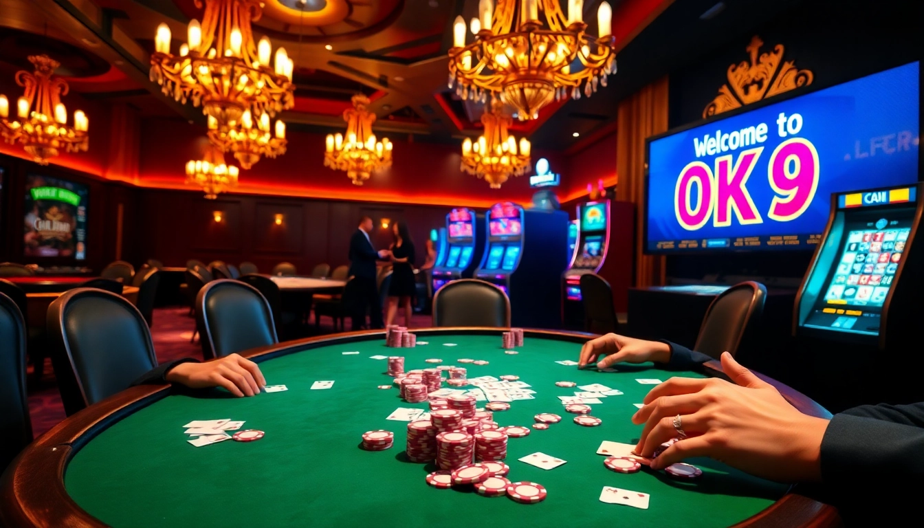 Experience the thrill of winning at OK 9 with exciting poker chips and cards on a stylish casino table.